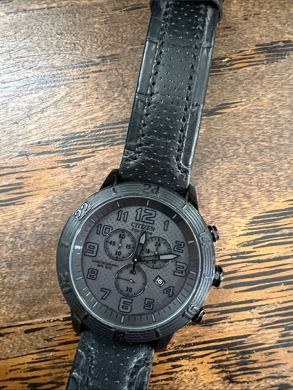 Citizen eco drive black solar powered watch black face & black leather strap - Picture 2 of 7